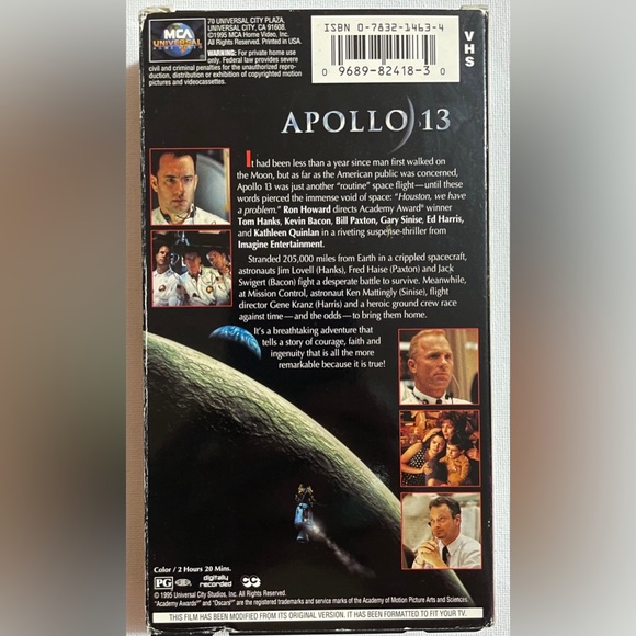 Apollo 13
VHS tape 1995
MCA Universal Home Video 82418
Tom Hanks
Kevin Bacon - Picture 6 of 8